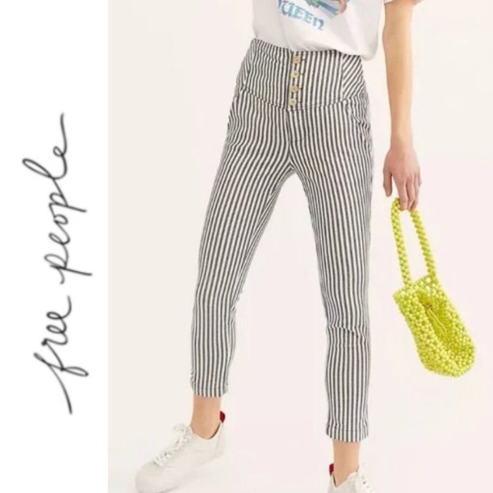 Free People Frankie High Waist Blue Stripe High Rise Skinny Pants Cropped- 12